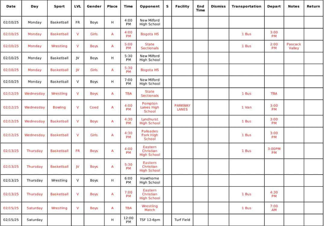 Weekly Sports Schedules